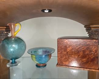Kosta Boda art glass pitcher and bowl. Burled wood box with key