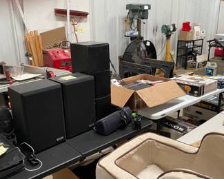 Audio items, speakers, surround sound bar, cd’s and dvd’s, tv 