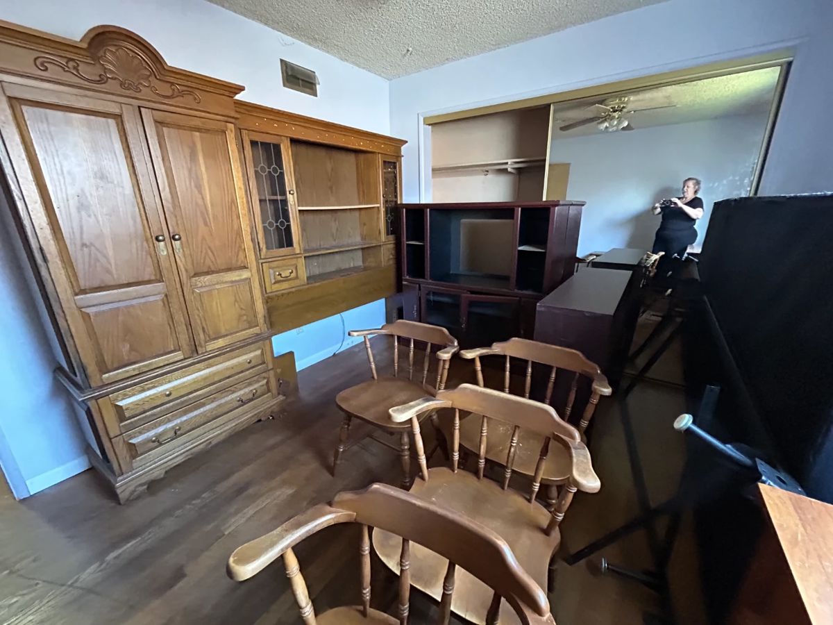Armoire and headboard/hutch, dining room table chairs.