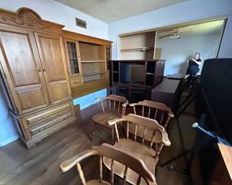 Armoire and headboard/hutch, dining room table chairs.