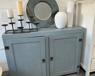 Provance blue cabinet (shallow! great for tight space!) Candelabra.. Metal mirror. Vases. 