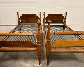 Antique, hand carved rope beds, adapted as twin beds with spring adjustment. Beautiful wood (burled maple?) $1,200 for the pair. Contact seller to pre-purchase this special set. 