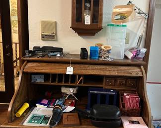 Oak roll top desk, office accessories, clock