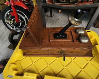 Early hand crank telephone.  quartersawn Oak case