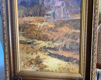 This impressionist oil on canvas is attributed to Roger R. Smith. It is titled "Harvest Evening"