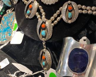 Large sterling cuff with sodalite stone. More great Native American jewelry