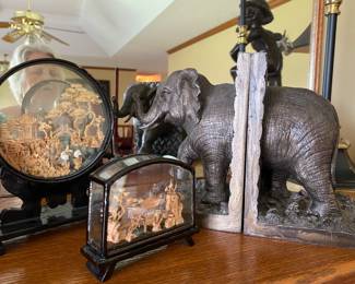 Asian cork carvings and elephant bookends