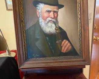 Oil painting of contemplative man smoking a pipe.