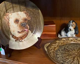 Cute antique bulldog plate with basset hound looking on.