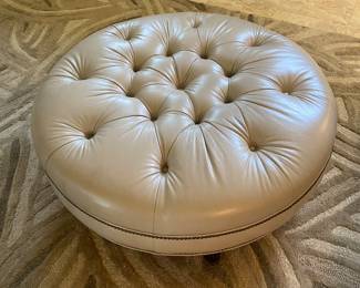 #3 - $200 - Bradington Young  taupe leather Ottoman 40" Roundx17