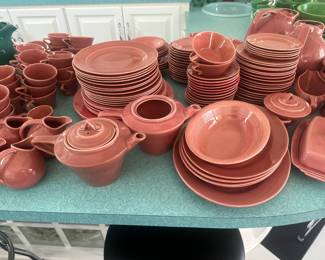 #114- $725 - Homer Laughlin Harlequin Fiestaware Coral/Rose pink set 148 pieces approx. or $10 a piece except marked differently