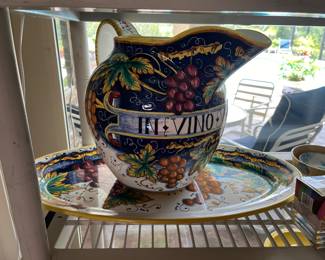 #126 - Set of 2 Very Large Italian ceramic oval platter & large pitcher made in Italy.