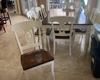 #25- $350 - Barrows Kitchen table 42Wx60" + 12" x 2 leave with 6 chairs & 2 arms