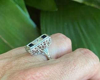 #84 - $700 - Art Deco antique ring sapphires & diamonds - 18kt white gold 3.5 grams. Size 5.5