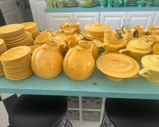 #112 - $1,500 Homer Laughlin Harlequin Fiestaware Yellow set 150 pieces approx. or $10 a piece except marked differently.