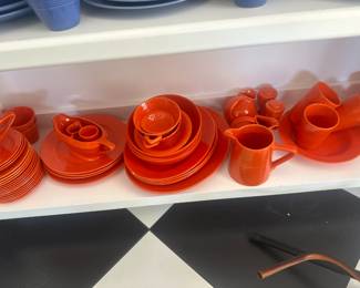 #117- $1,000 - Homer Laughlin Harlequin Fiestaware Tangerine red/orange set 48 pieces approx. or $10 a piece except marked differently