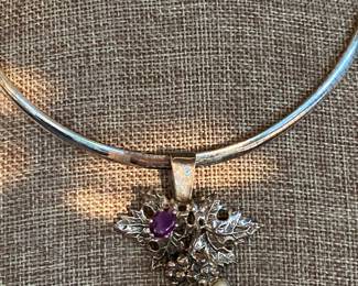 $70 - Sterling Omega chain pendant & grapevine grape amethyst & pearl.