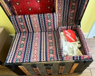 $190 large metal and wood chest with material lined inside compartments 