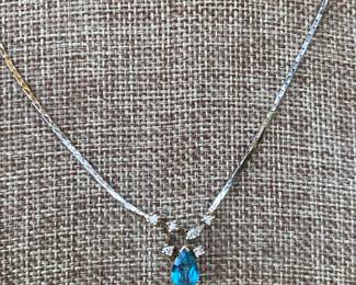 $350 -14Kt white gold topaz & diamonds necklace 16"Long