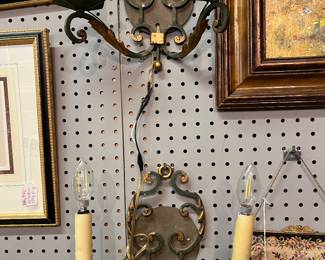 Pr of Vintage Green & Gold Gilt Iron 2 Lite Sconces $110 Pr.