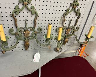 Pr Antique Green & Gold Gilt Iron 2 Light Sconces $175 Pr.