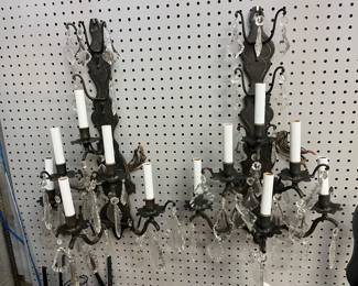 Pr. Large 6 Lite Iron Sconces w Faceted Crystals. $475 Pr.