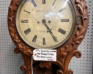 Impressive Carved 19th C English Double Fusee Wall Clock $550