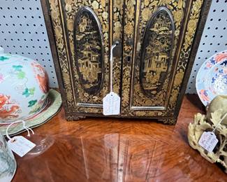 19th C Chinese Hand Painted Jewelry Box w Drawers $325