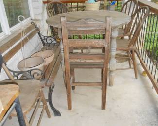 Primitive chairs, table, park bench