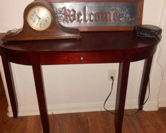 Console table, antique mantle clock