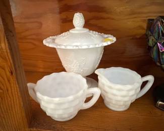 MILK GLASS CREAM AND SUGAR BOWLS AND CANDY DISH