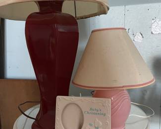 Two ceramic lamp bases - one maroon, one textured light pink 