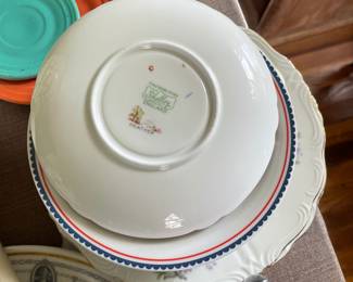 Bottom side of multicolored white painted ceramic plate 