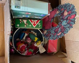Box of assorted Christmas decorations in upstairs bedroom 