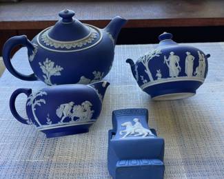 Wedgwood jasperware cobalt blue tea pot, creamer & saucer, small vase 