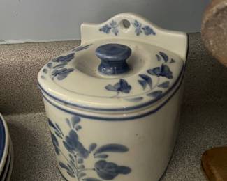 White and blue floral jar 