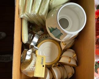 Box of assorted white and gold ceramic dishes in upstairs bedroom 