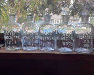 5 vintage acid bottles with chemical labels & stoppers 