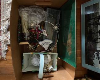 Box of assorted Christmas decorations in upstairs bedroom 