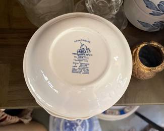 Bottom side of blue and white ceramic plate 