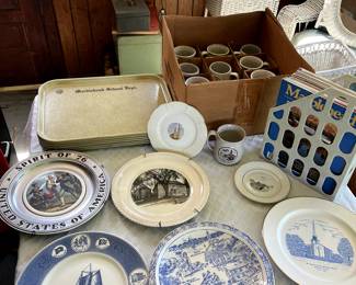 Vintage Marblehead dishes, Spirit of '76 memorabilia, Marblehead school department trays, vintage Marblehead magazines and stand 
