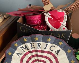 Box of assorted Valentines day decorations and small home decor 