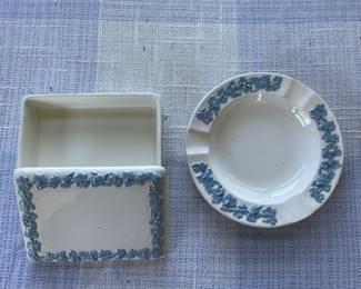 Wedgwood Queensware blue on white ashtray & trinket box