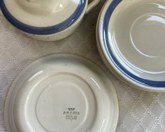 Bottom side of Arabia "Blue Ribbon" tea set 