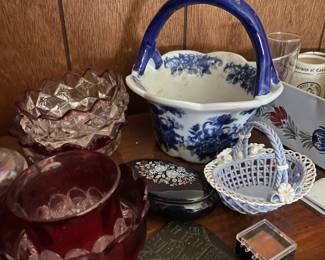 Assorted ceramic and glass baskets, stackable bowls 