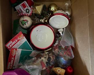 Box of assorted Christmas decorations in upstairs bedroom 