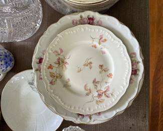 White scalloped light pink, neutral floral patterned ceramic dish 