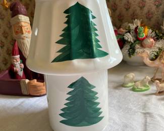 White ceramic Christmas tree painted candle holder 