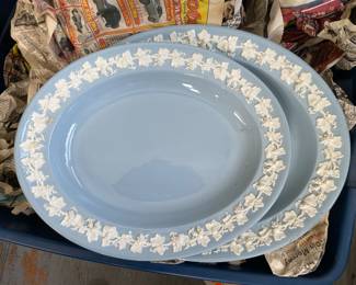 Wedgwood Queensware cream on blue platters, part of a serving set for 12 