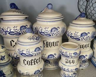 Decorative white and blue ceramic kitchen set 